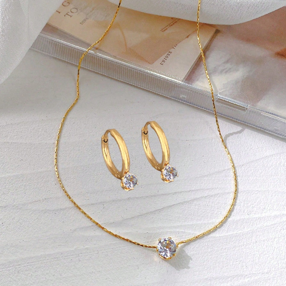Image of 3pcs Stainless Steel Inlaid Synthetic Rhinestone Necklace + Earrings Set, 18k Gold Plated For Party Gift, Daily Wear Accessories, Women's Fashion Jewelry Set, Halloween & Christmas Women's Accessories