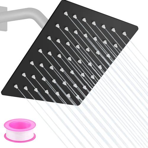 item picture 1pc 6 inch square ultra thin shower head solid 304 stainless steel fixed overhead shower head high pressure rain shower with self cleaning nozzles bathroom shower fixture with free ptfe tape