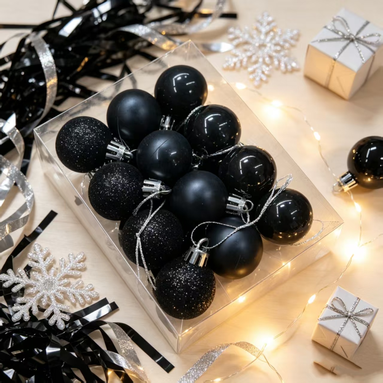 TEMU 24pcs 4cm Black Plastic Ornaments - Spherical Hanging Decorations Suitable For Xmas Tree, Party & Home Decor, Glossy Balls For Christmas Tree