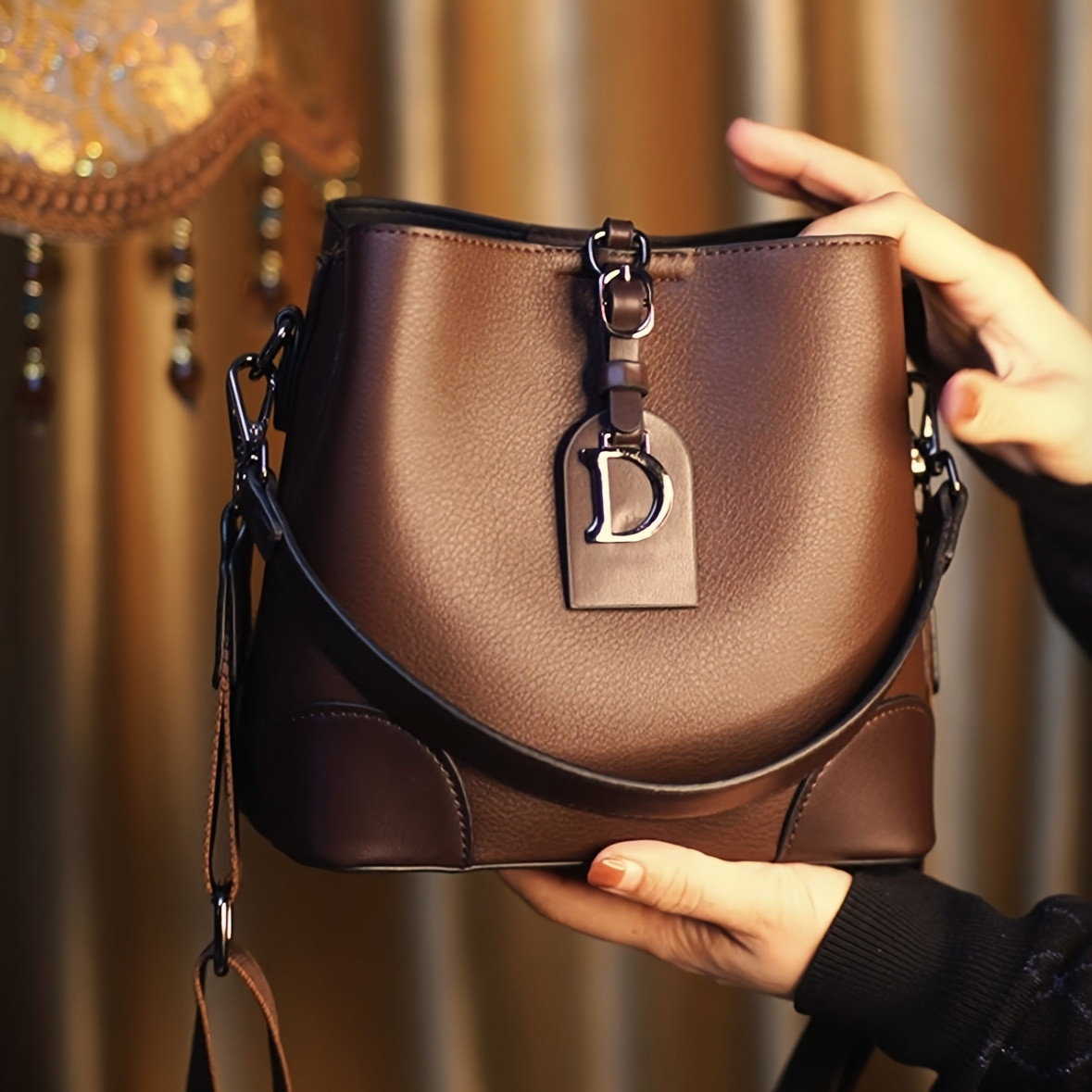 Stylish Women's Bucket Bag - Casual Crossbody, Compact Design with Golden Accents, Black/Brown, Adjustable & Detachable Strap for Everyday Use