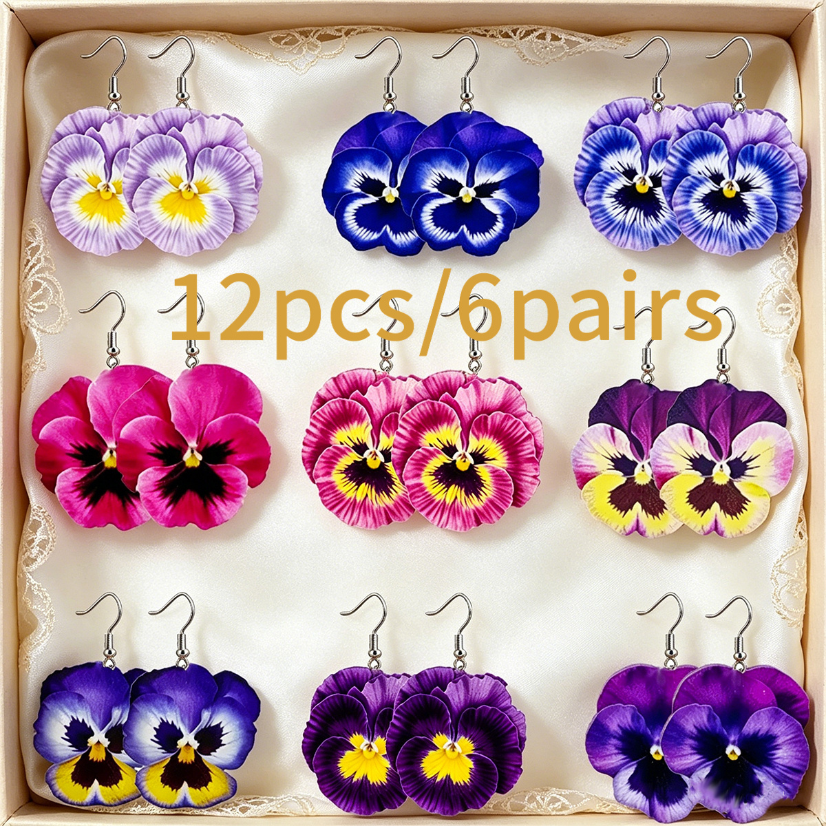 TEMU 12pcs/6 Pairs Random Shipped Women's Bohemian Violet Flower Stud Earrings - Multicolor Gradient Faux Flower Ear Jewelry, Suitable For Vacation,