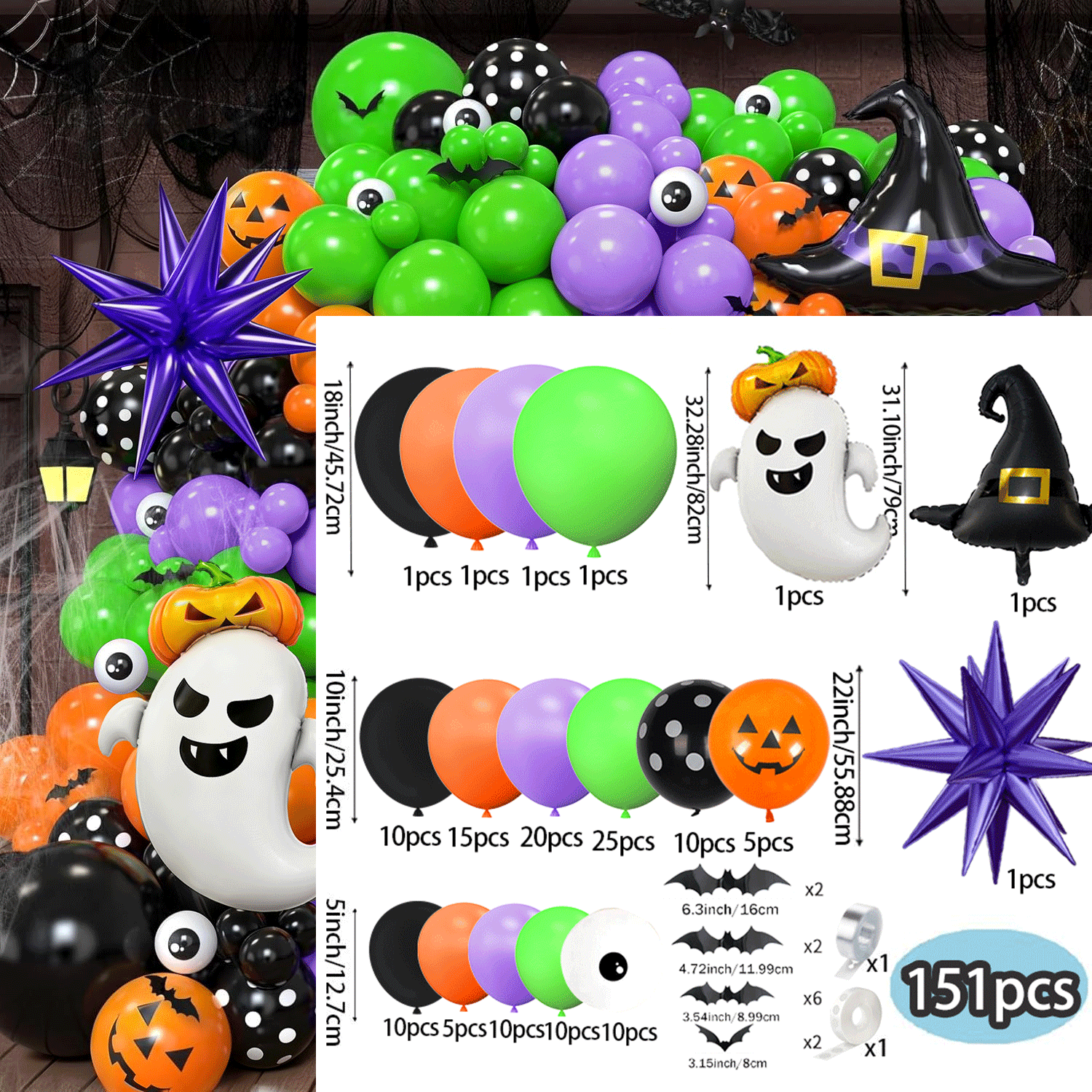 TEMU Kit de de globos de Halloween de 151 piezas, globos de lámina , verdes, naranjas, negros con estampado de , murciélago, de látex, calabaza,