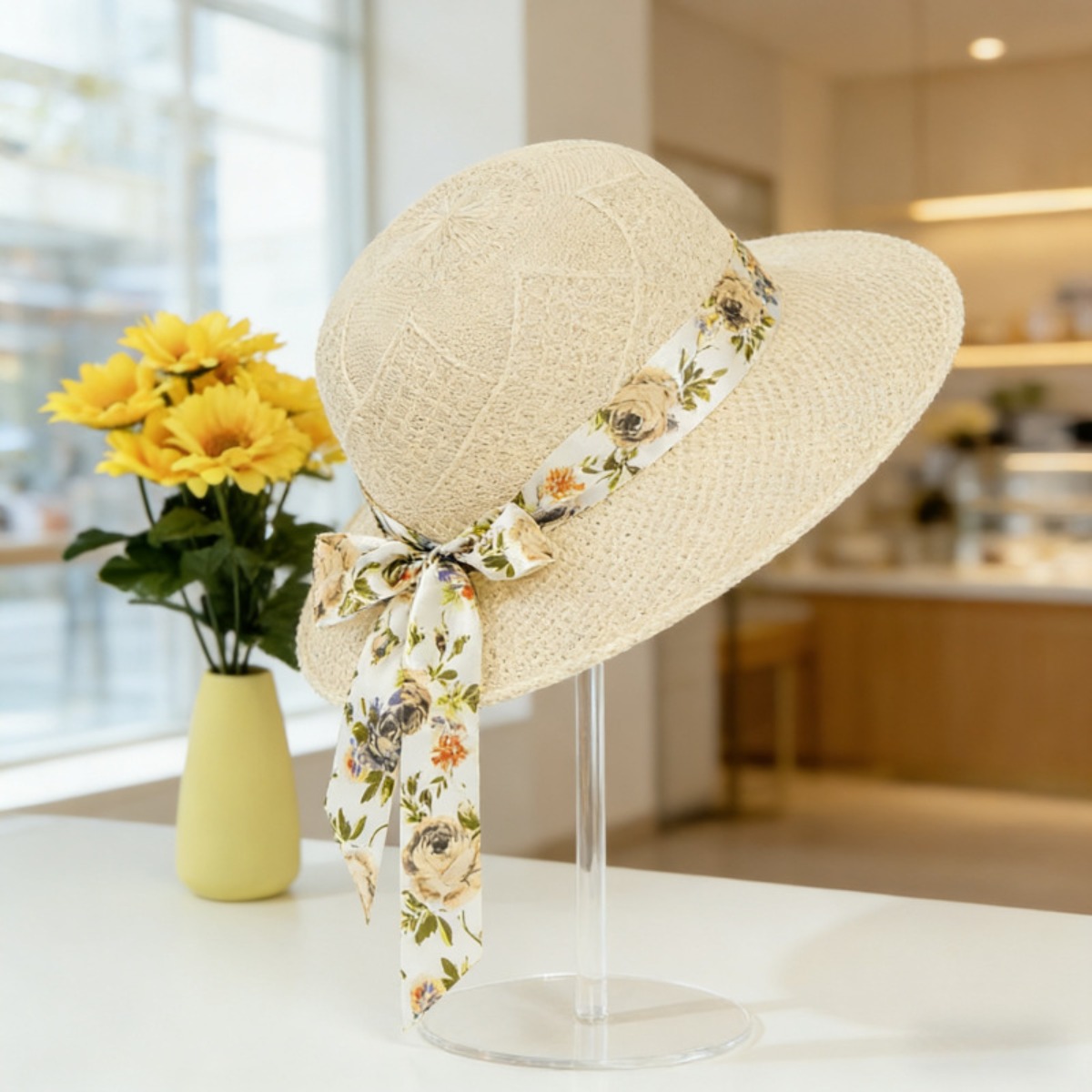 Summer Visor Women's Big-brimmed Straw Hat Streamer Printed Bucket Hat Fashionable Versatile Travel Sun Hat