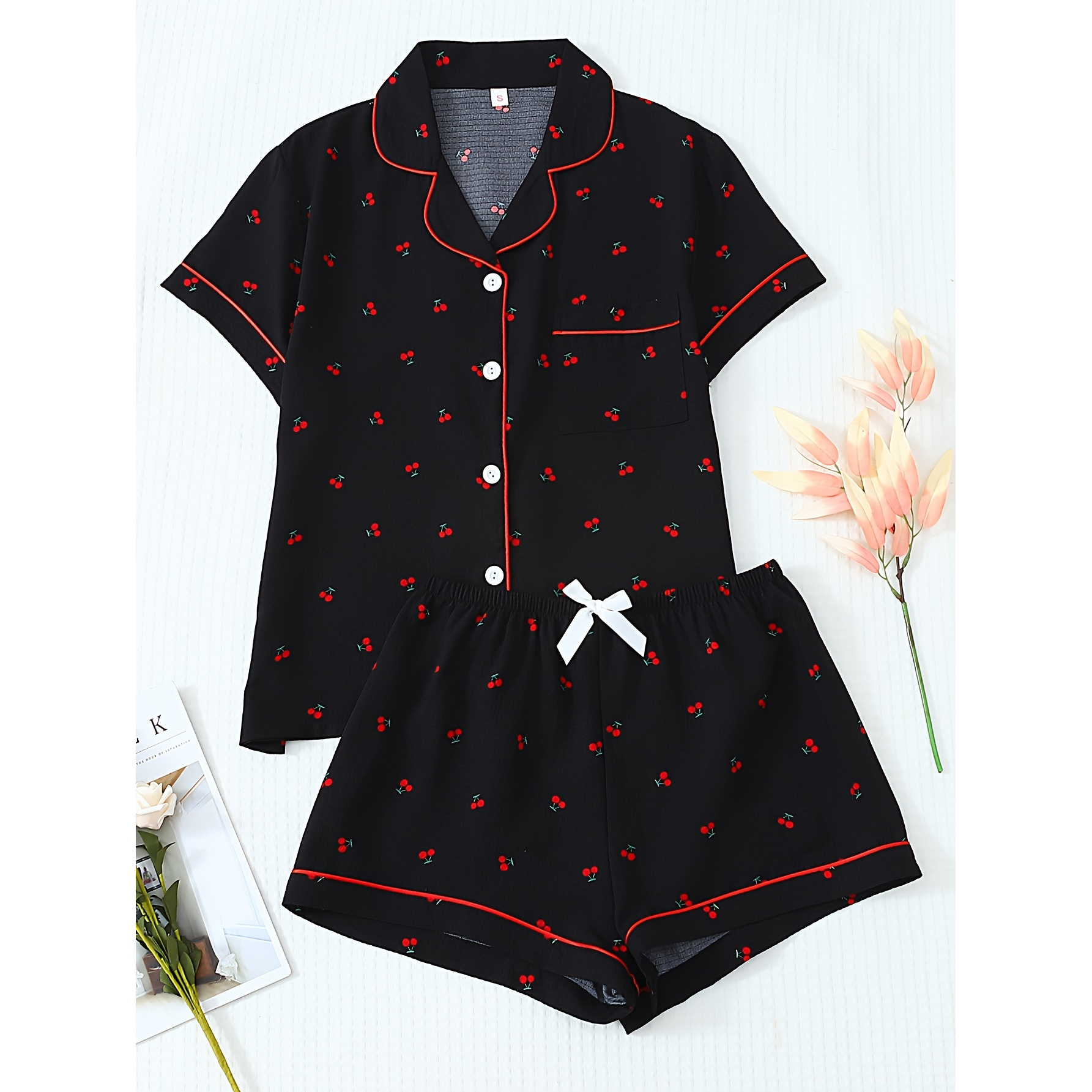 Spring and Summer Casual Home Wear Two-Piece Set for Women, Featuring a Short-Sleeved Button-Up Cardigan with a Collar, And Shorts with a Bow, in Black Cherry Print.