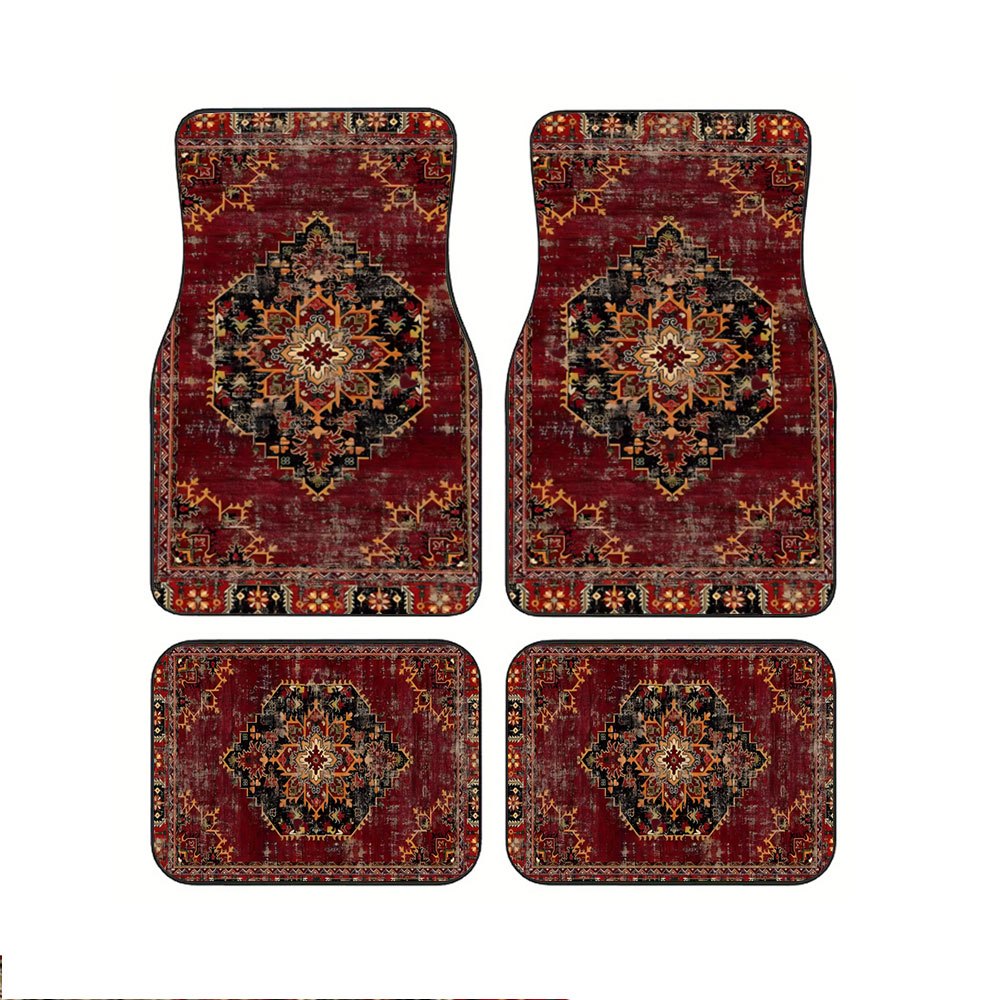TEMU 2pcs/4pcs Bohemian Style Vintage Yellow-red Car Floor Mat Set- Durable And Easy-to-clean Material, Suitable For All Car Models- Fashionable And