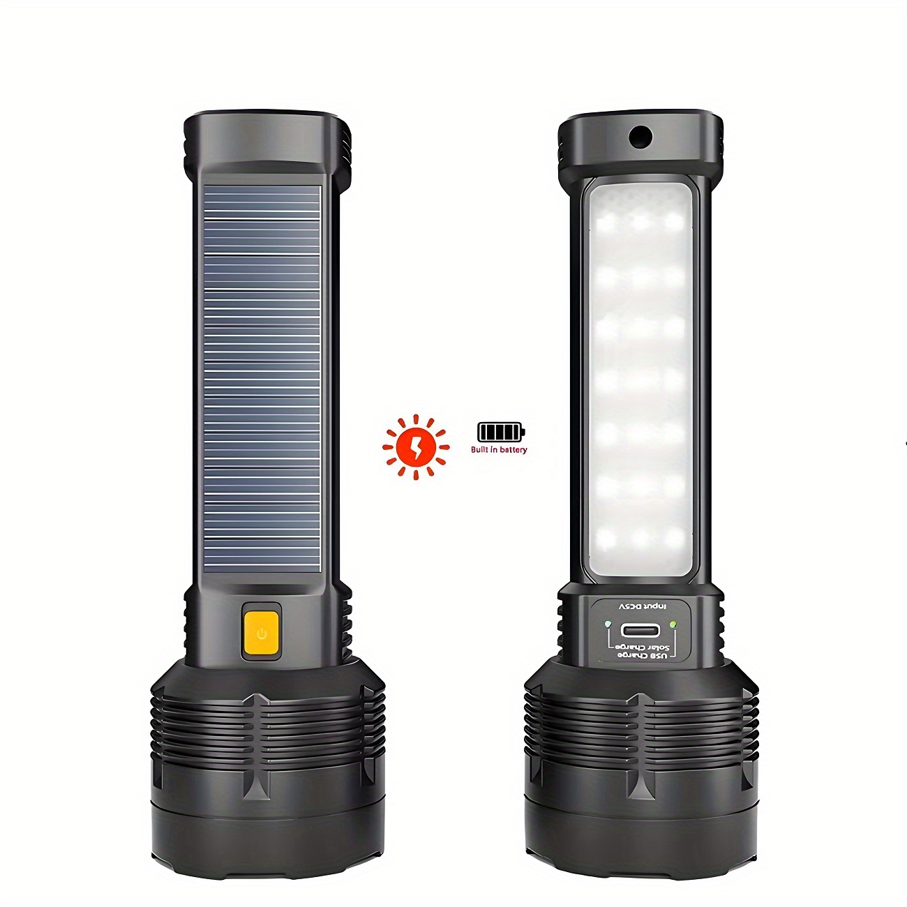 TEMU Solar Powered Led Flashlight Emergency Tool, Led Flashlight Usb Rechargeable With 3 Light Mode And Dimming Light Mode For Outdoor Camping,