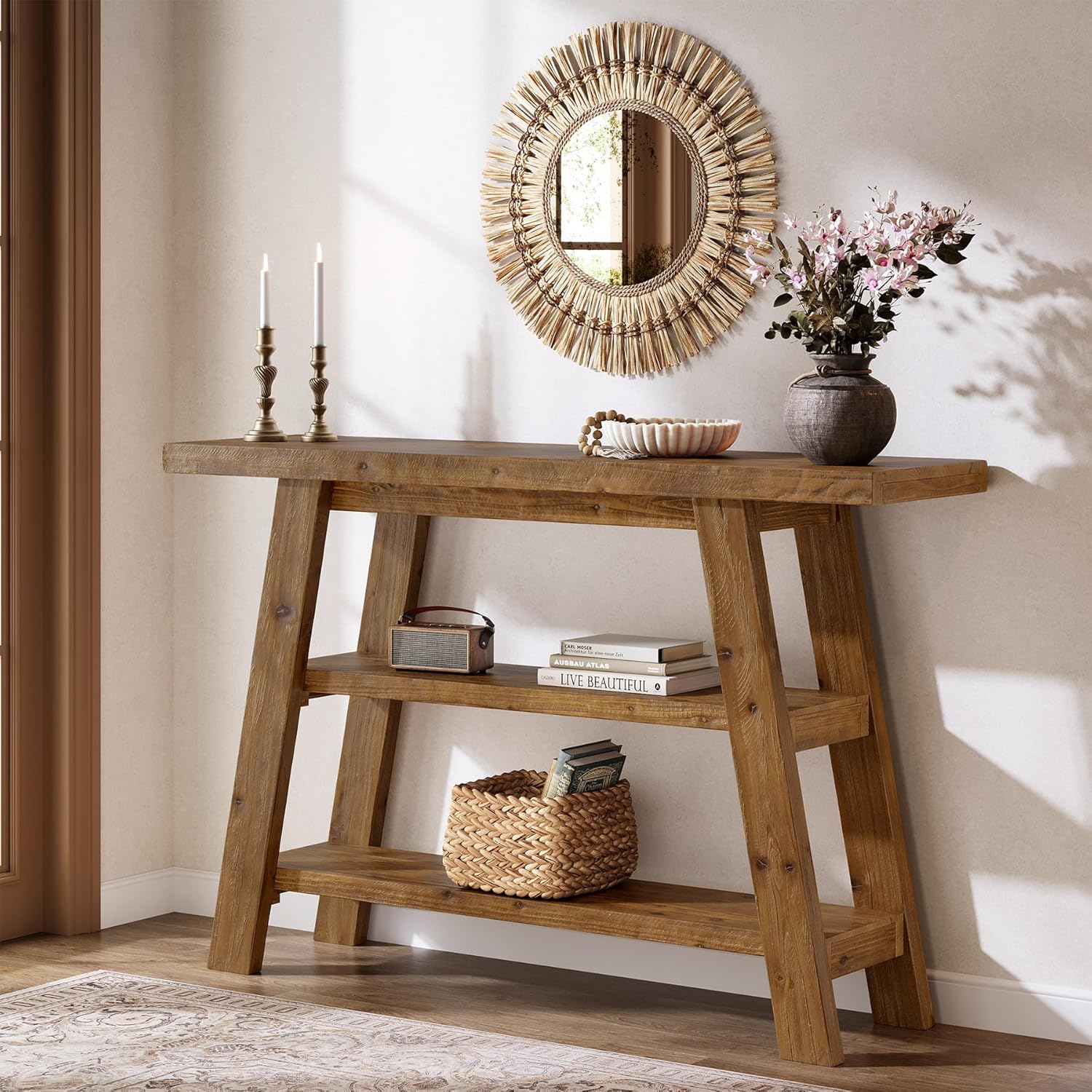 47" Solid Wood Entryway Table | Long Farmhouse Console Table With 3-tier Shelves, Rectangular Couch Tables Behind Sofa, Narrow Accent Tables For Hallway, Entrance, Weather Resistant, Hardwood Material