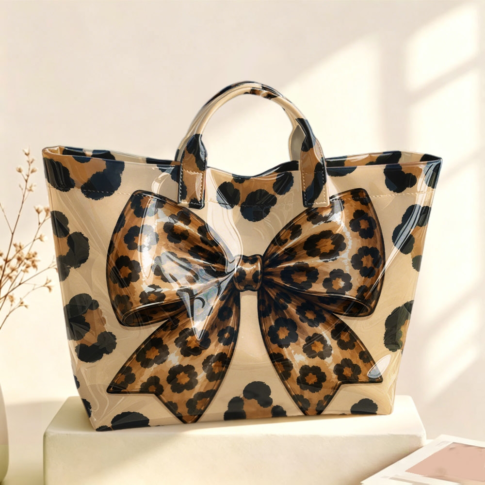 TEMU Cute 2d Leopard Print Big Bow Graphic Print Glossy Smooth Large Tote Bag, Tan Top Handle Bag For Street Fashion Date Shopping Weekend