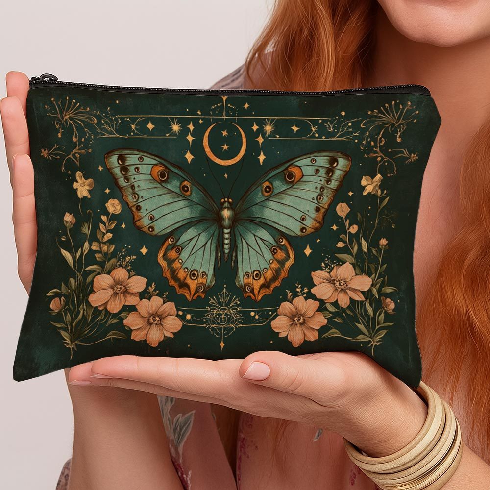 TEMU 1pc Women's Elegant Dark Floral Print Makeup Bag - Lightweight Travel Cosmetic Pouch With Zipper Closure, Portable Toiletry Bag, Ideal Gift For