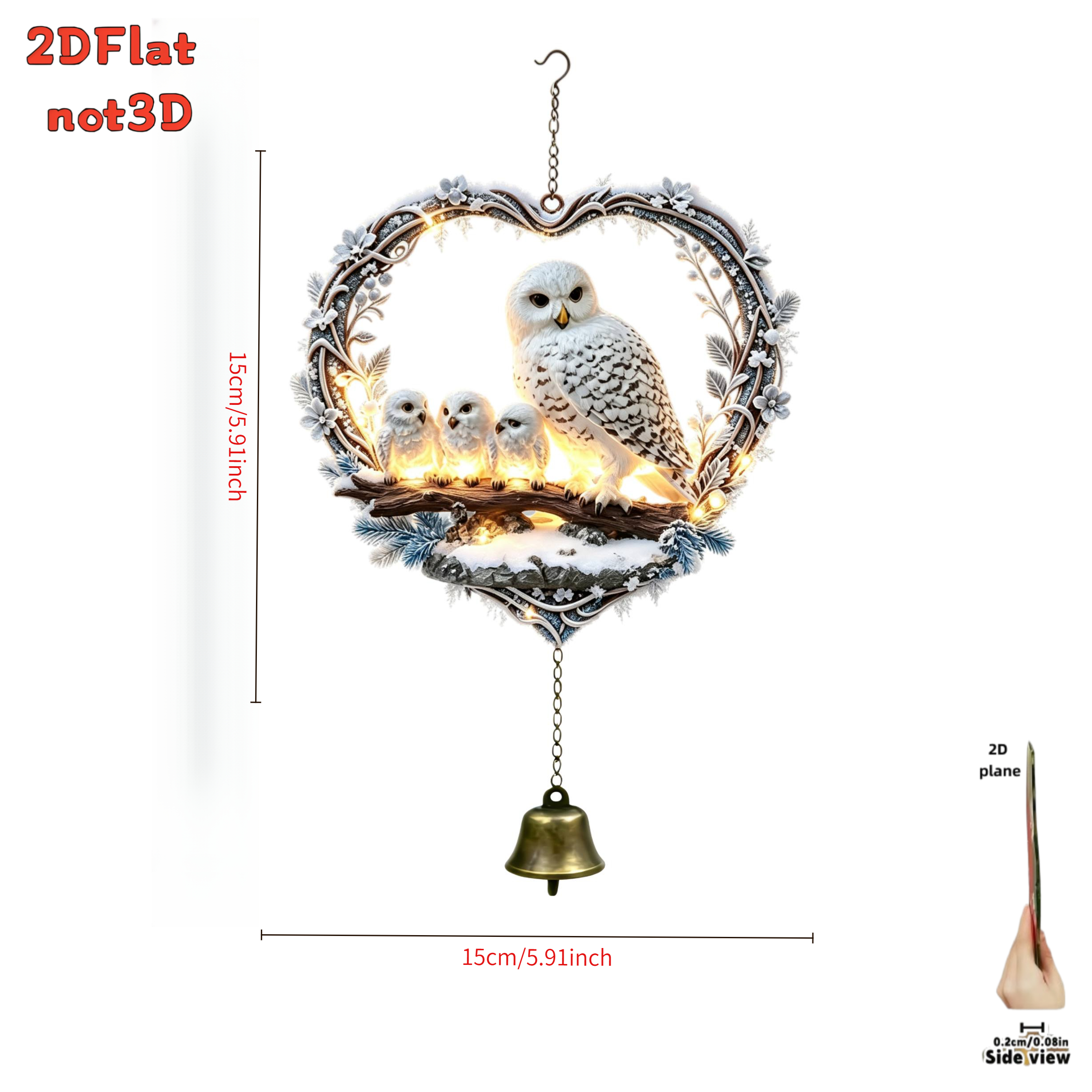 TEMU Snowy Owl Wind Chime Ornament, Frost-covered Heart-shaped Carved Frame, 2d Acrylic With Icy Snow-covered Branches And Small Flowers. A Snowy Owl