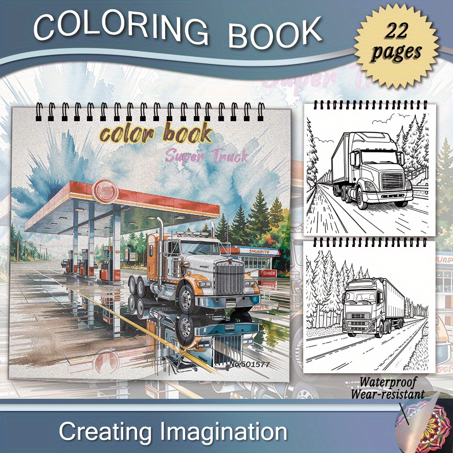 Image of Adult Super For Truck Coloring Book - 8.3×11.2 Inches, 22 Pages. Vibrant For Truck Art. Great As A Holiday Gift, For Truck Lovers & Family