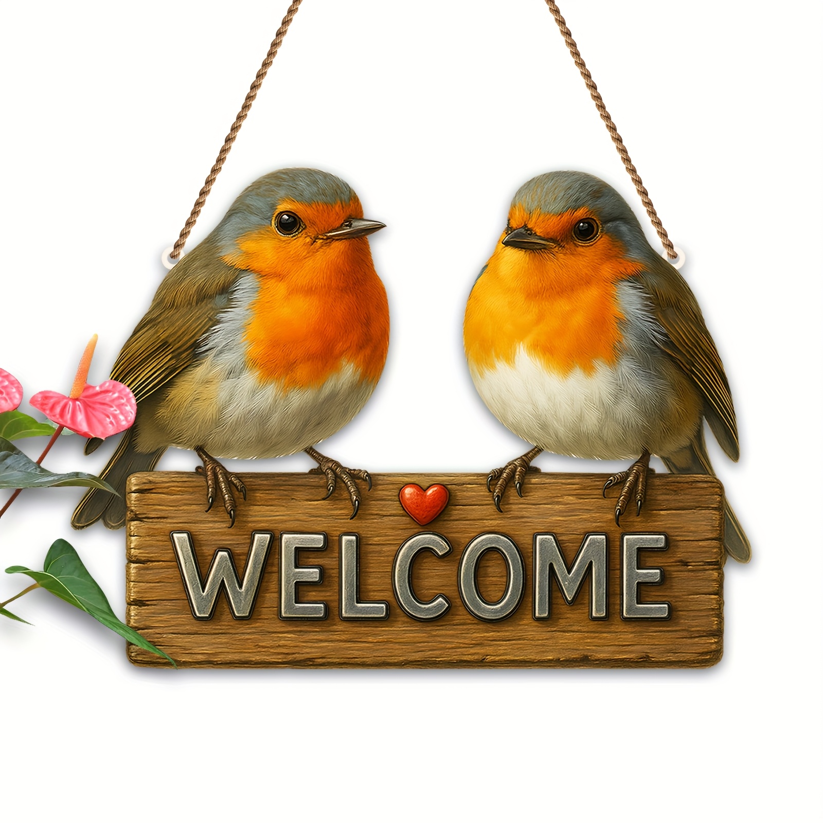 TEMU 2d Flat Wooden Printed 1pc Flat Robin Welcome Sign With Lovebird Decorative Sign - Weather-resistant (vintage "welcome" Lettering), Garden