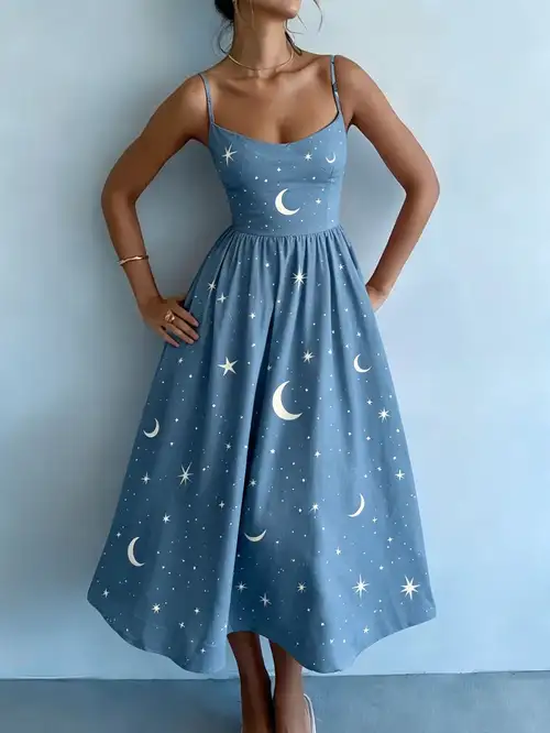 blue dress with stars and moons Celestial Chandelier Velvet Flare Sleeve Lace Back Dress