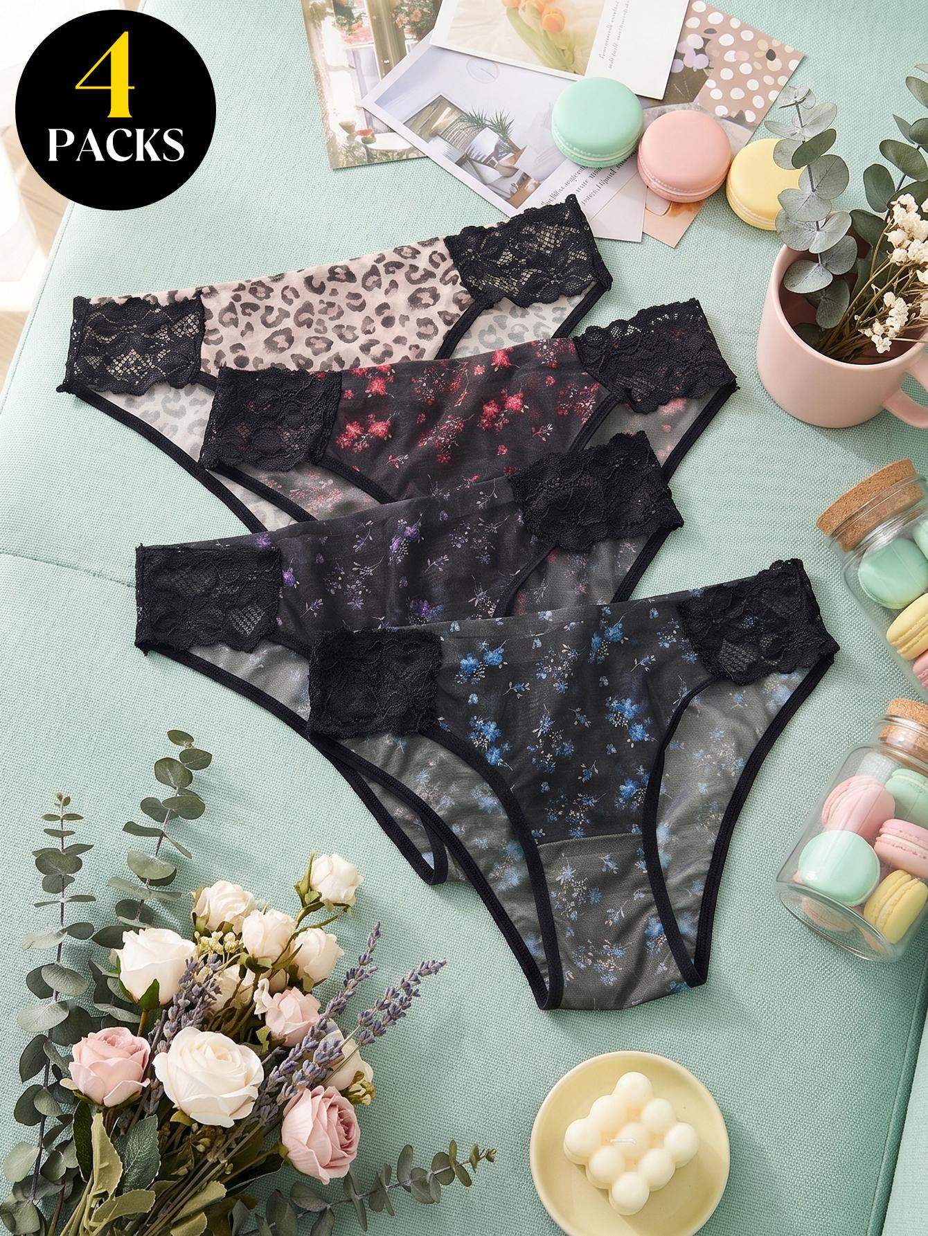 4pcs Set of Sexy Shaping Low-Waist Panties, Sheer Fabric And Lace Trim Combined, Low-Rise Cut Invisible And Aesthetic, Free Movement Without Restriction