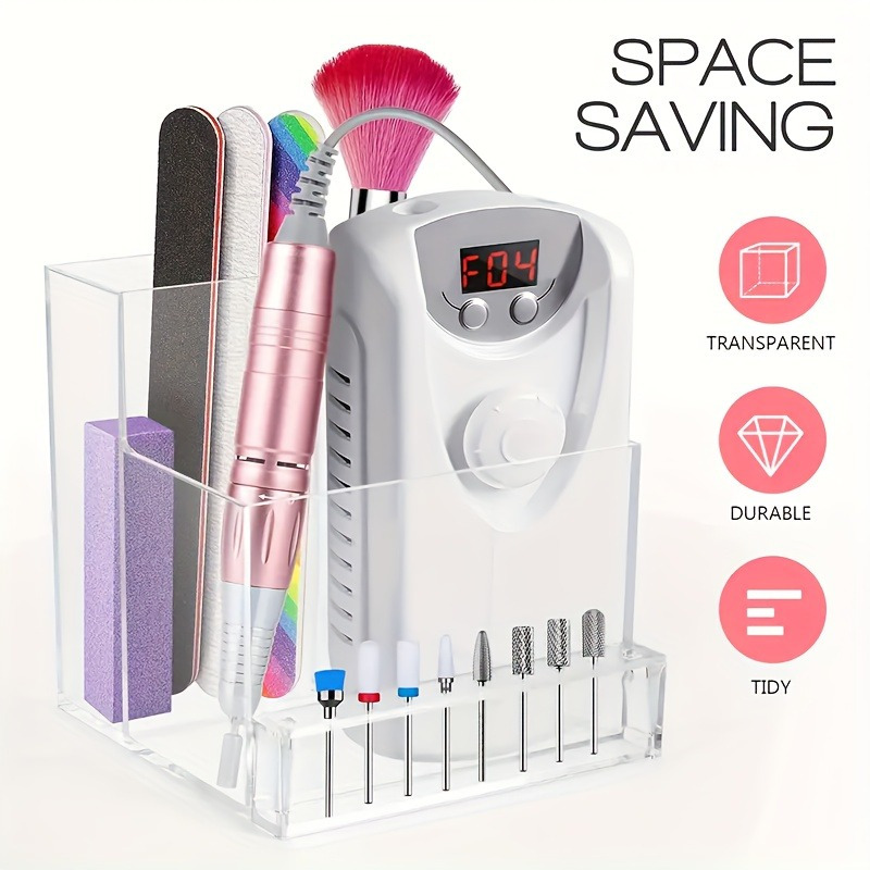 

1pc Clear Multi-functional Makeup Organizer - Transparent Nail Polishing Machine Storage Rack With Desktop Nail Tool Finishing Box - Home Essential For Beauty Enthusiasts