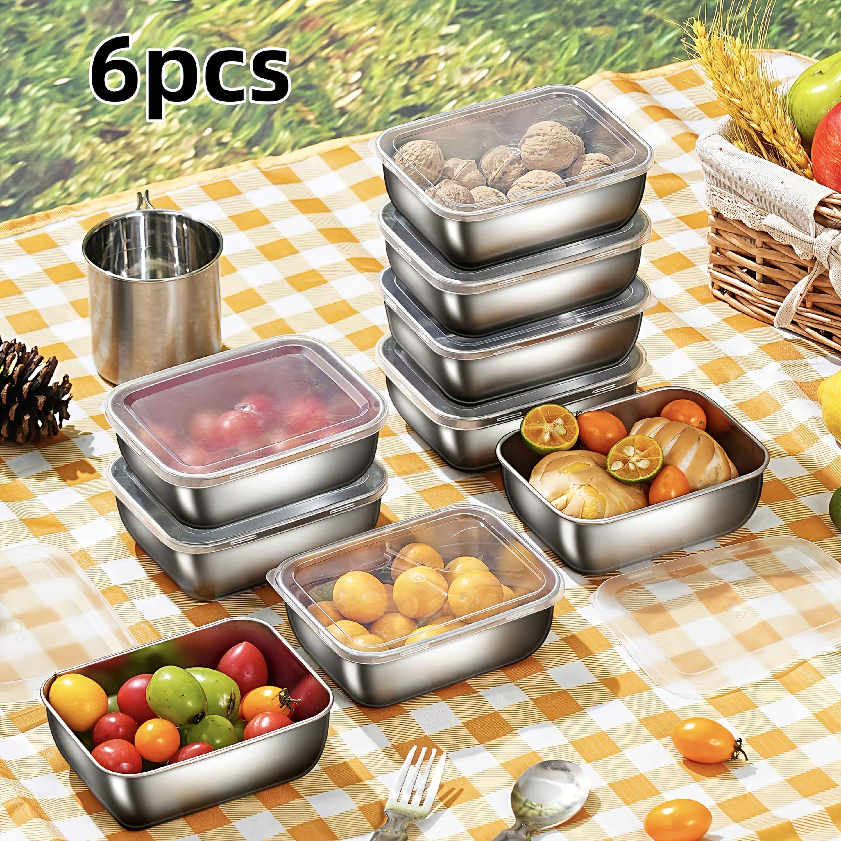 TEMU 6pcs Stainless Steel Food Storage Container Set With Lids, Suitable For Outdoor Camping, Picnics, Meal Prep, Refrigerator Storage, And Kitchen
