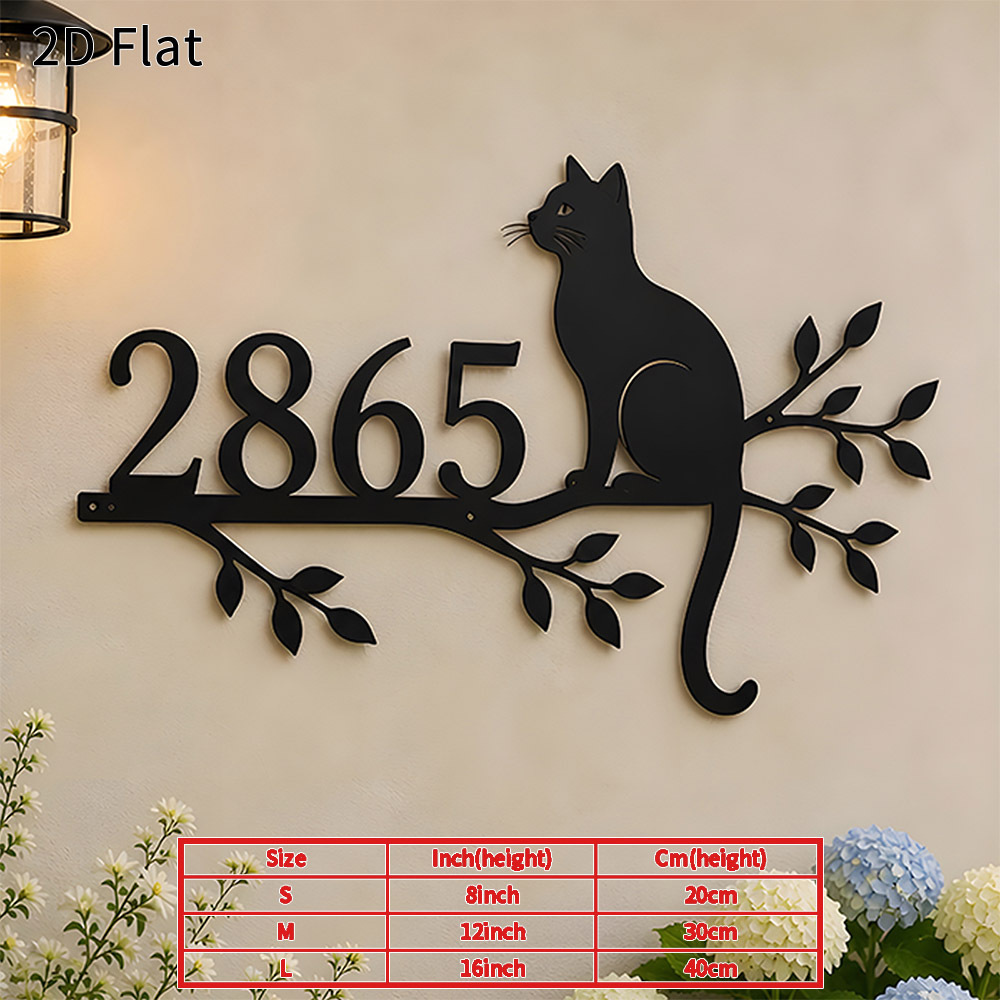 TEMU [address Signs] 2d Flat 1pc Custom Metal Cat On Branch Door Number Sign Rustic House Number Plaque Outdoor Wall Art Decor For Home Porch Garden