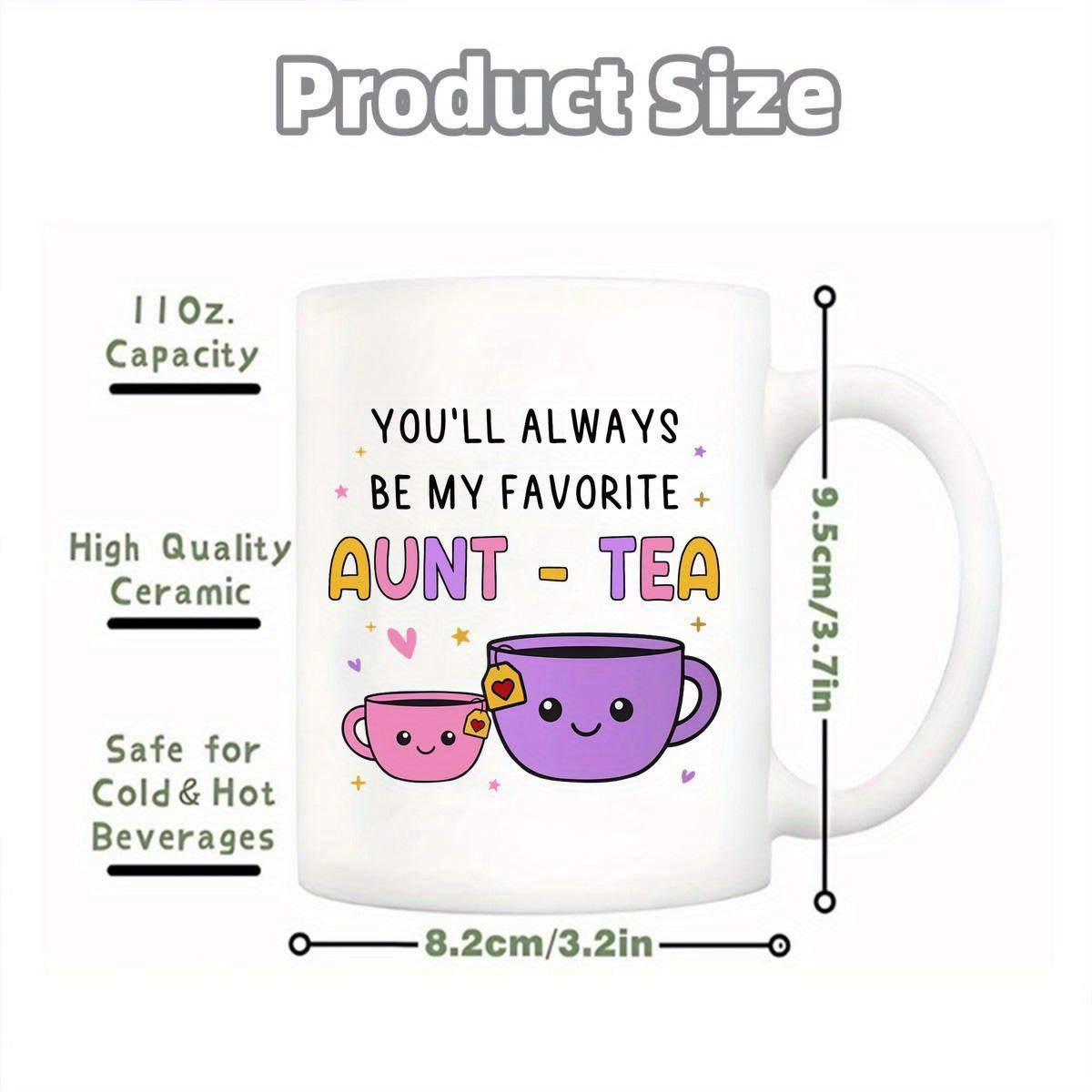 a single 11 ounce ceramic mug a   combination of a coffee cup milk tea cup and hot water cup the mug features cute designs with one large   small cup   sporting   the larger cup has the warm message youll   3