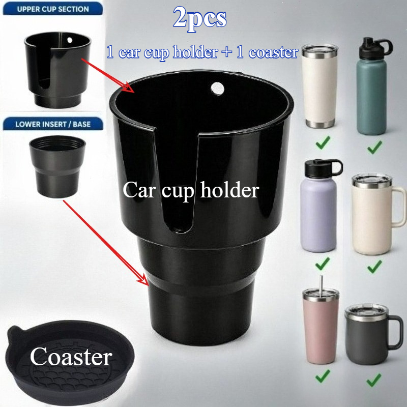 TEMU 2 Pack Car Cup Holder Expander Adapter With Coaster, Large Drink Cup Holder Fits Most 20oz-40oz Tumblers Water Bottles, Automotive Cup Holder