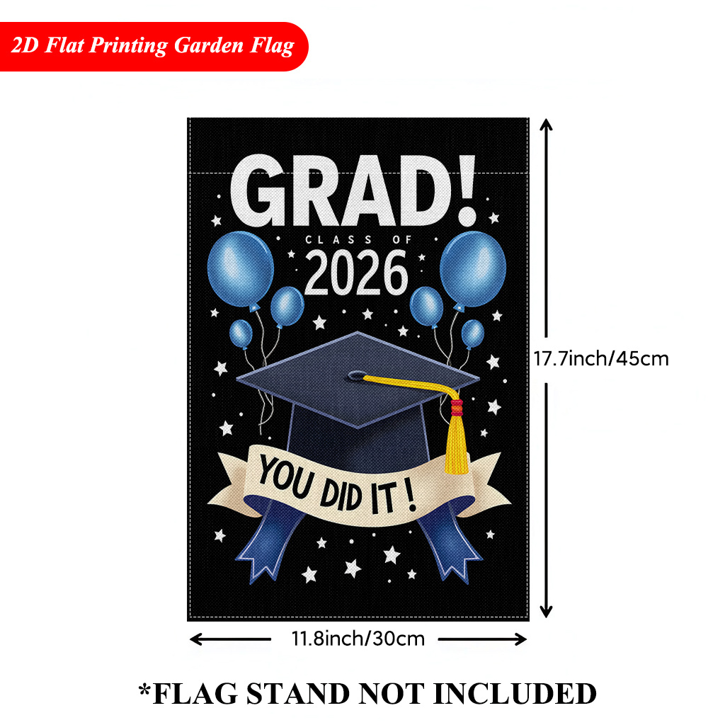 TEMU Single Pack, 2d Garden Flag Featuring A Graduation And Blue Balloon - Outdoor Decoration Suitable For Celebrating High School And College ,