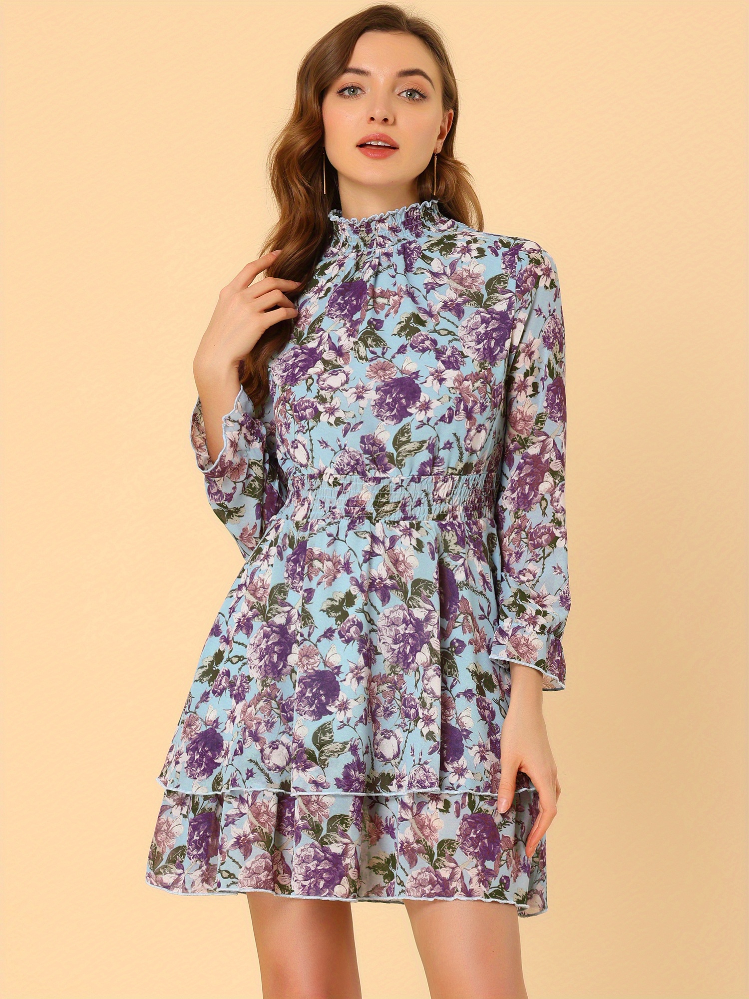 womens elegant floral chiffon dress long sleeve mock neck - Temu