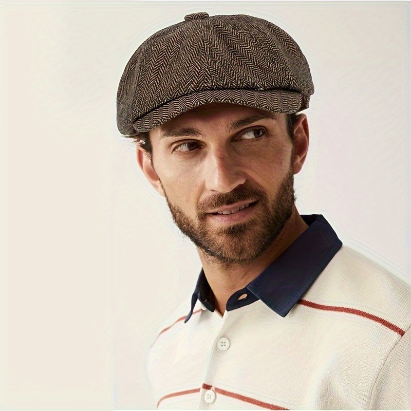vintage inspired panel tweed flat cap herringbone pattern Temu