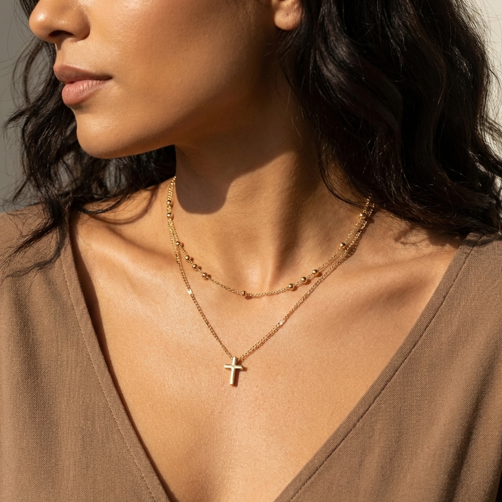 Plated Double-Layer Cross Pendant Necklace — Retro Layered Design