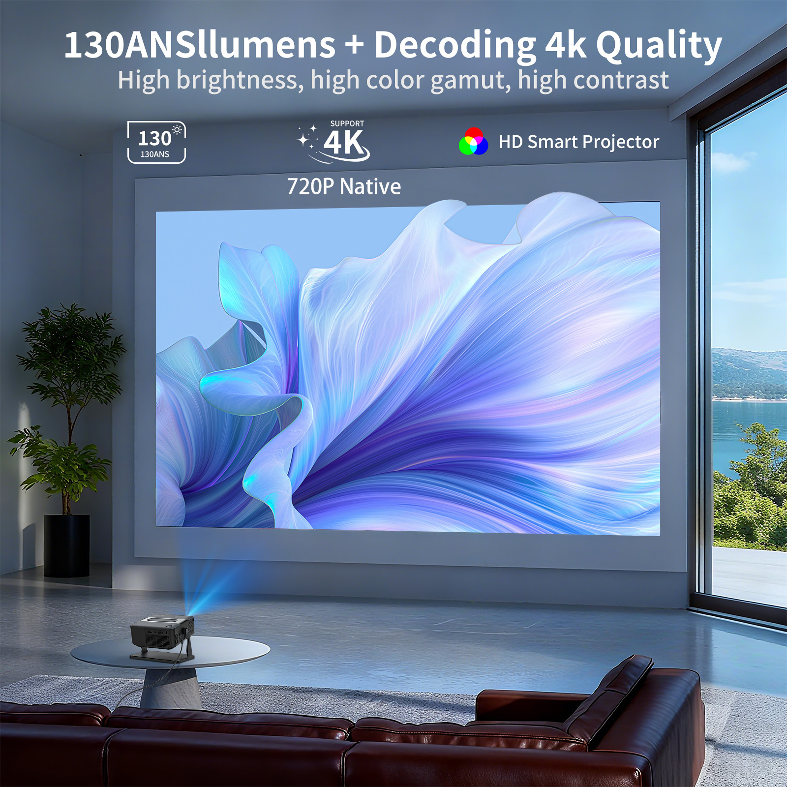 Projecteur home cinema 4K ready 720P local, compact avec correction trapézoïdale automatique, diffusion sans fil, courte distance pour films et jeux