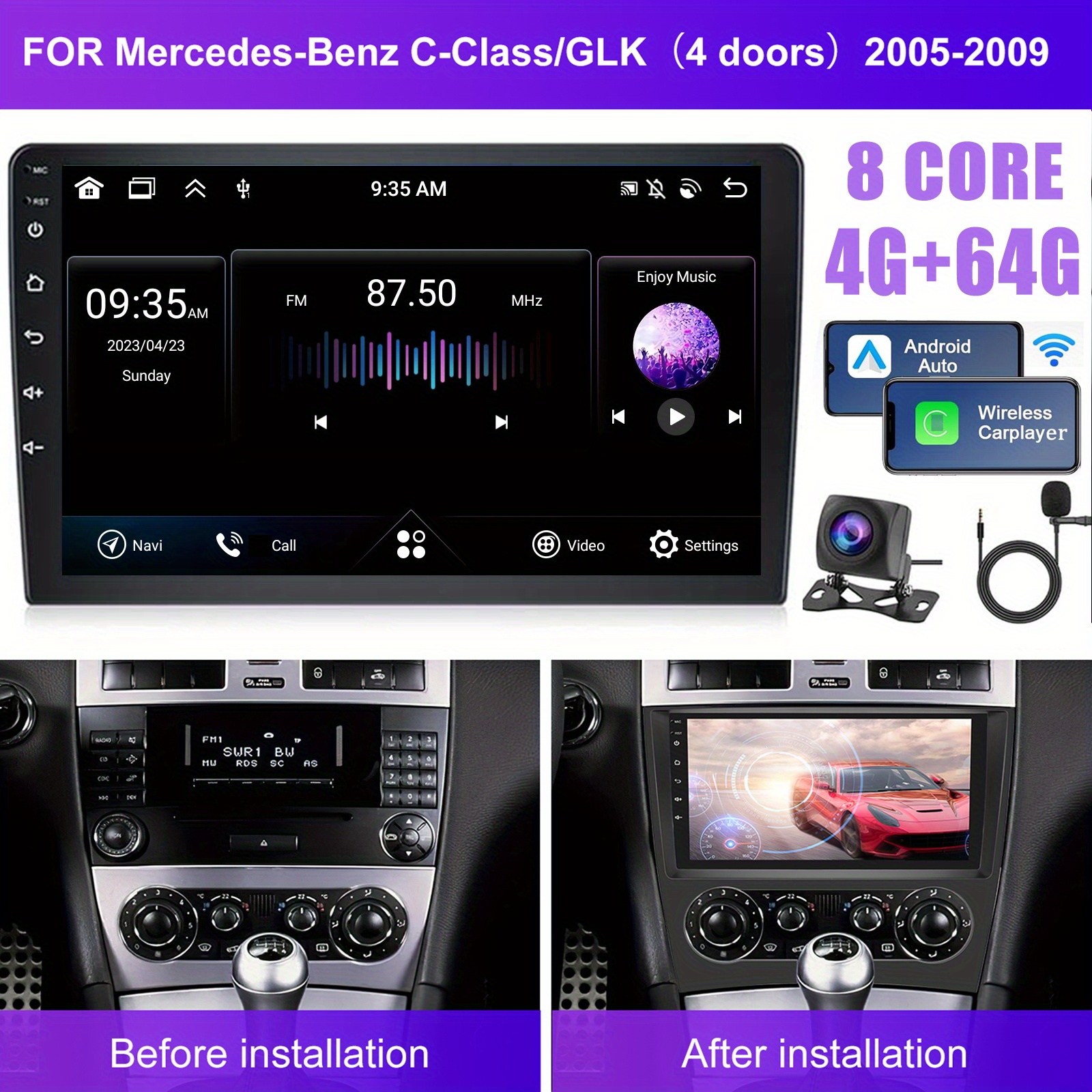 [8-JERNI 4G+64G] PODOFO 13 Avtoradio za Mercedes-Benz C-/ GLK (4 Vrata) 2005-2009, 9-palčni 2 DIN Zaslon na Dotik z Brezžičnim Carplay/ Auto,
