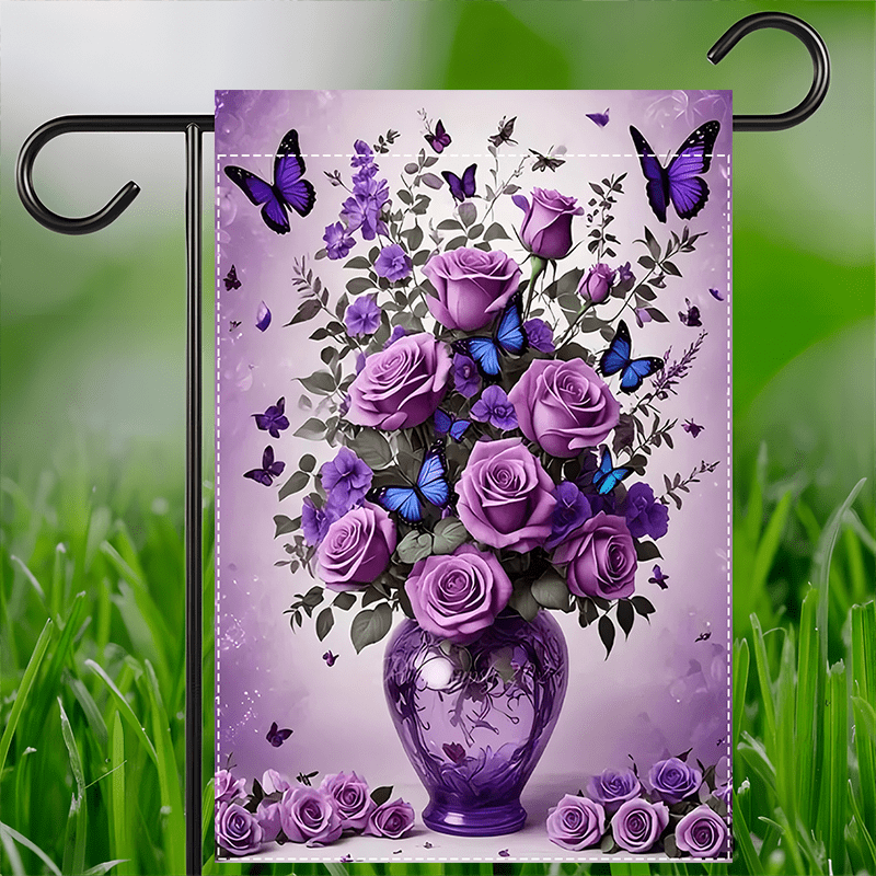 

1pc Purple Rose & Flag, 12x18inch, Double-sided Waterproof Burlap, Polyester, Indoor/outdoor Decor, No Pole Needed