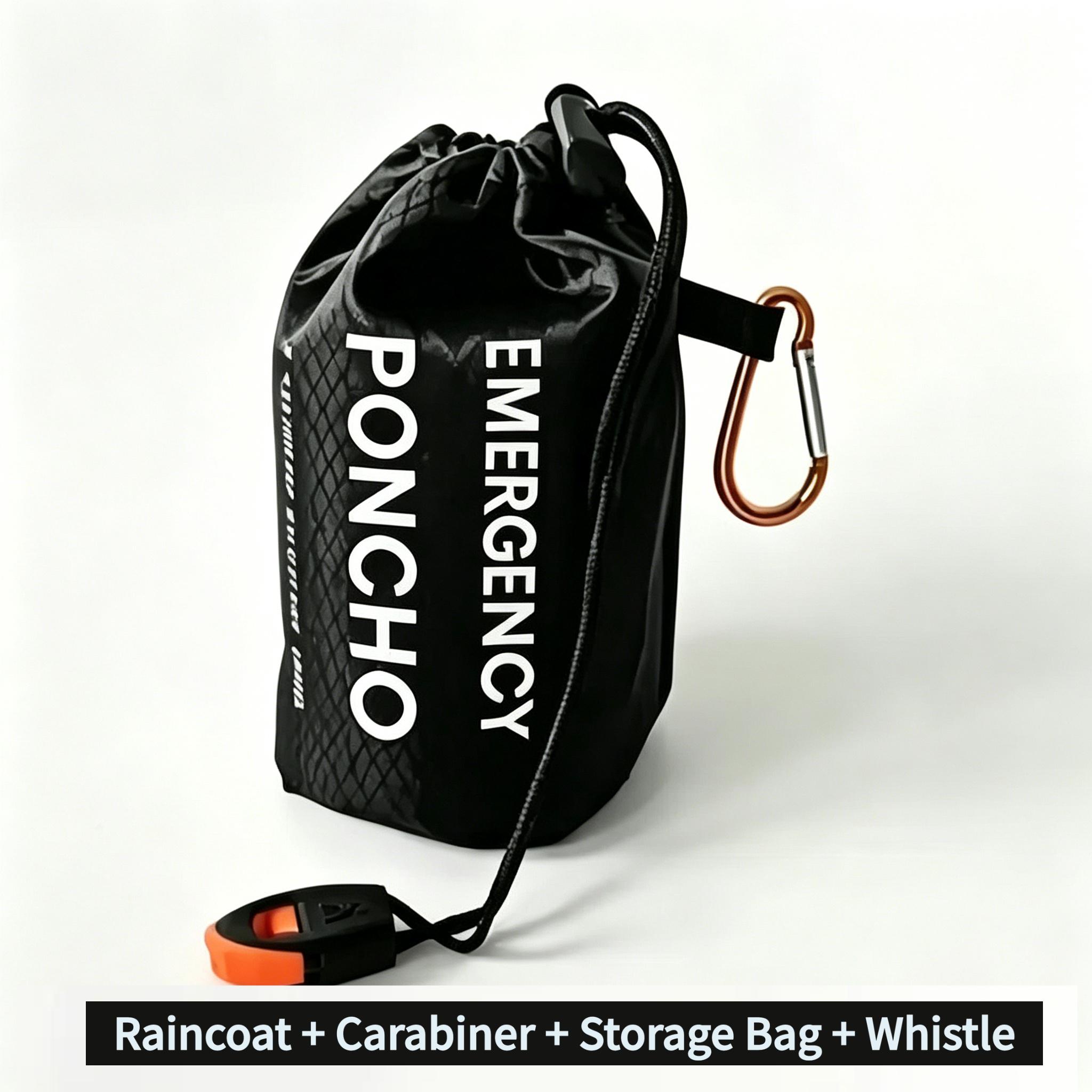 TEMU Set da 4 pz Poncho di Emergenza Pieghevole e Riutilizzabile (Borsa con Cordoncino, Fischietto, Impermeabile, Moschettone) - Poncho da Esterno