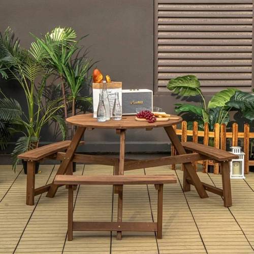 6person round wooden picnic table with umbrella hole benches