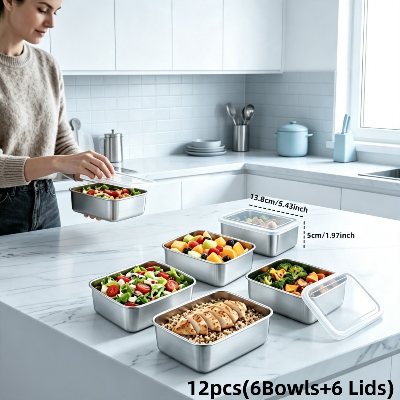 TEMU 12pcs High-quality Stainless Steel Food Storage Container Set With Lids (6 Bowls And 6 Lids), Small Portable, 316 Grade Stackable Freezer Safe