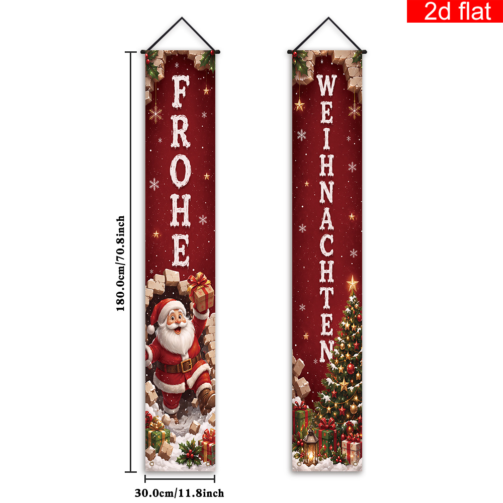 TEMU 2d Flat, 2pcs German Frohe Weihnachten Banner Suitable For Christmas Tree & Santa Claus Door Sign, Red Background With German Lettering, Front