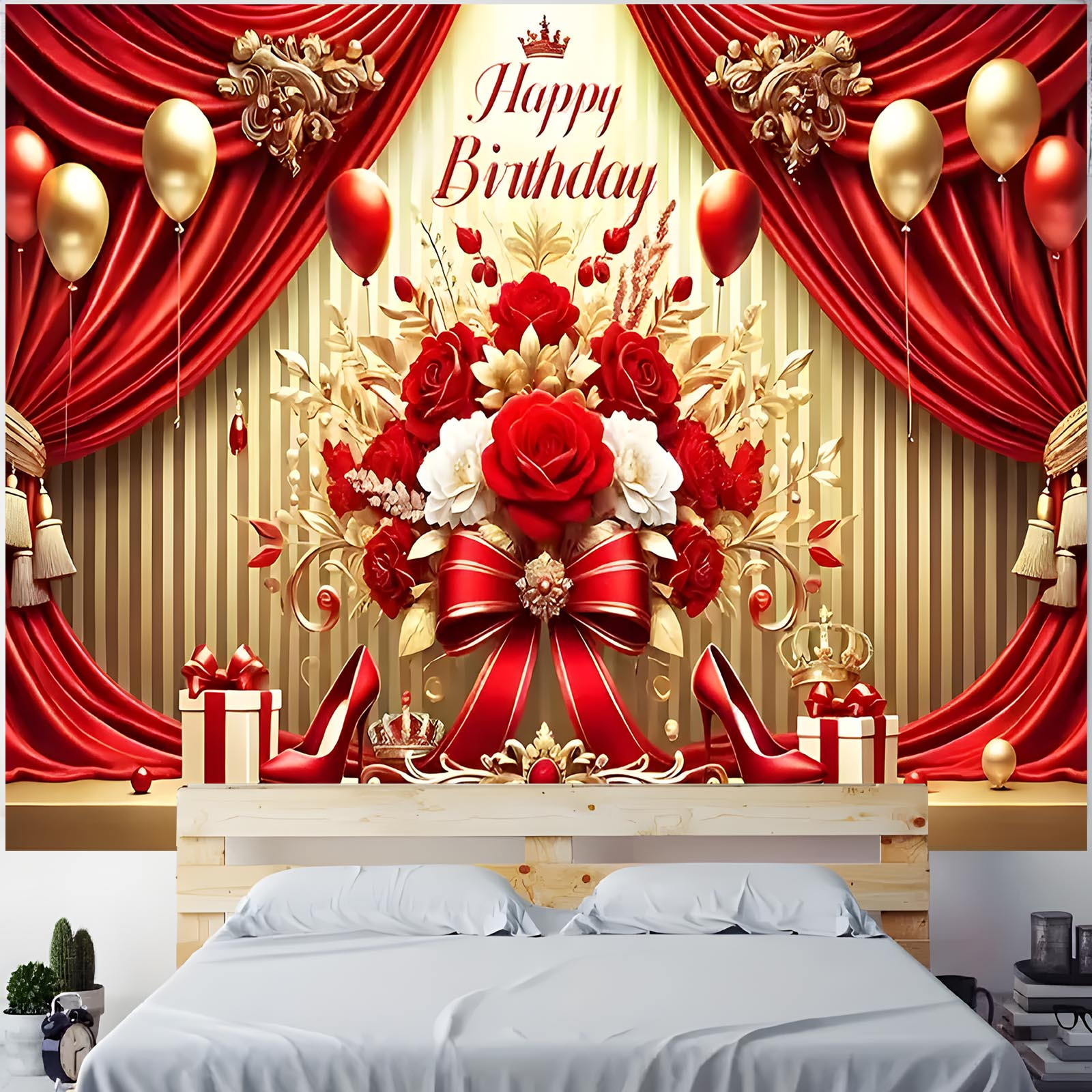 

Ruby Queen & Red Roses Birthday Backdrop - Polyester Banner For Indoor/outdoor Parties, Live Streaming, And Photo Wall Decor