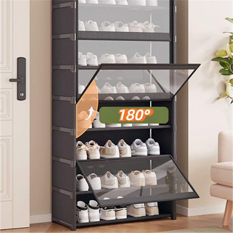 A Black Transparent Shoe Cabinet with 3/5/7/9 Layers, a Multifunctional Display Rack That Is Easy to Clean, Suitable for Collection And Display, Ideal for Entryways, Hallways, And Bedroom Storage