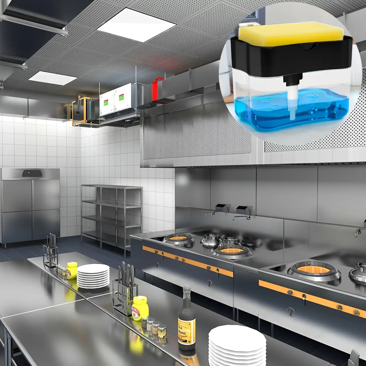 Elegante dispensador de jabón para platos plateado con soporte para esponja, operación manual, no requiere electricidad, adecuado para fregaderos de cocina, uso doméstico y otros materiales plásticos para uso hotelero