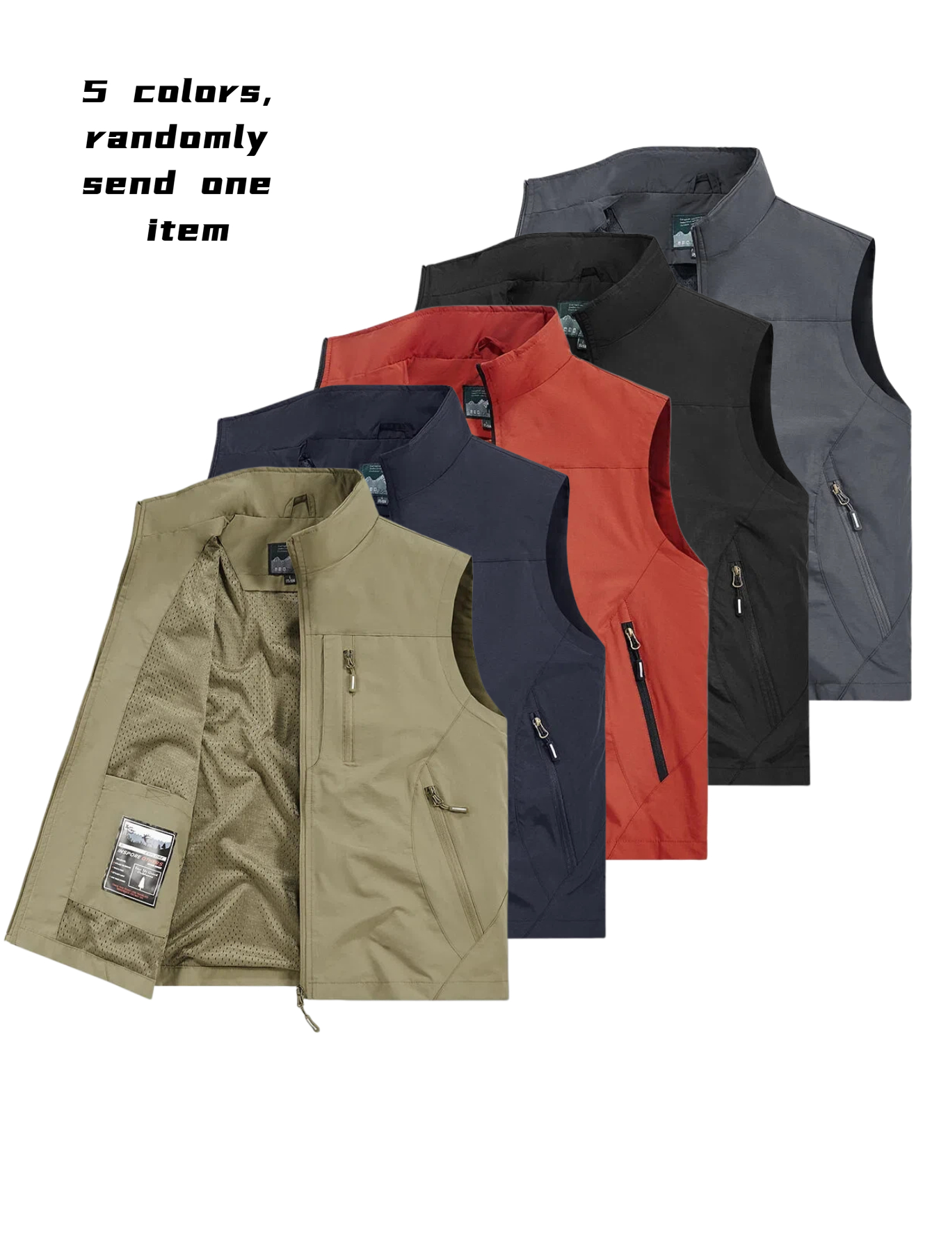 5pcs 1pc   mens plus size outdoor windproof upf vest jacket breathable mesh sleeveless zipper closure multi pocket stand collar suitable for casual wear machine washable for fishing plus size