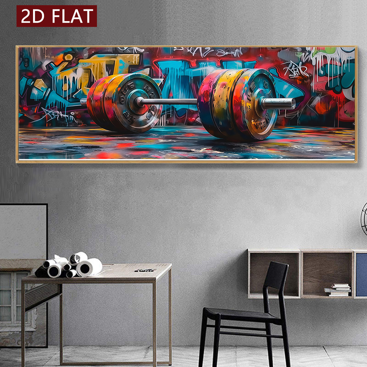TEMU 2d Flat, 2d Flat, 2d Unframed Canvas Poster Featuring Vibrant Graffiti Art Of A Gym Barbell, Perfect For Decorating Walls In Spaces Such As