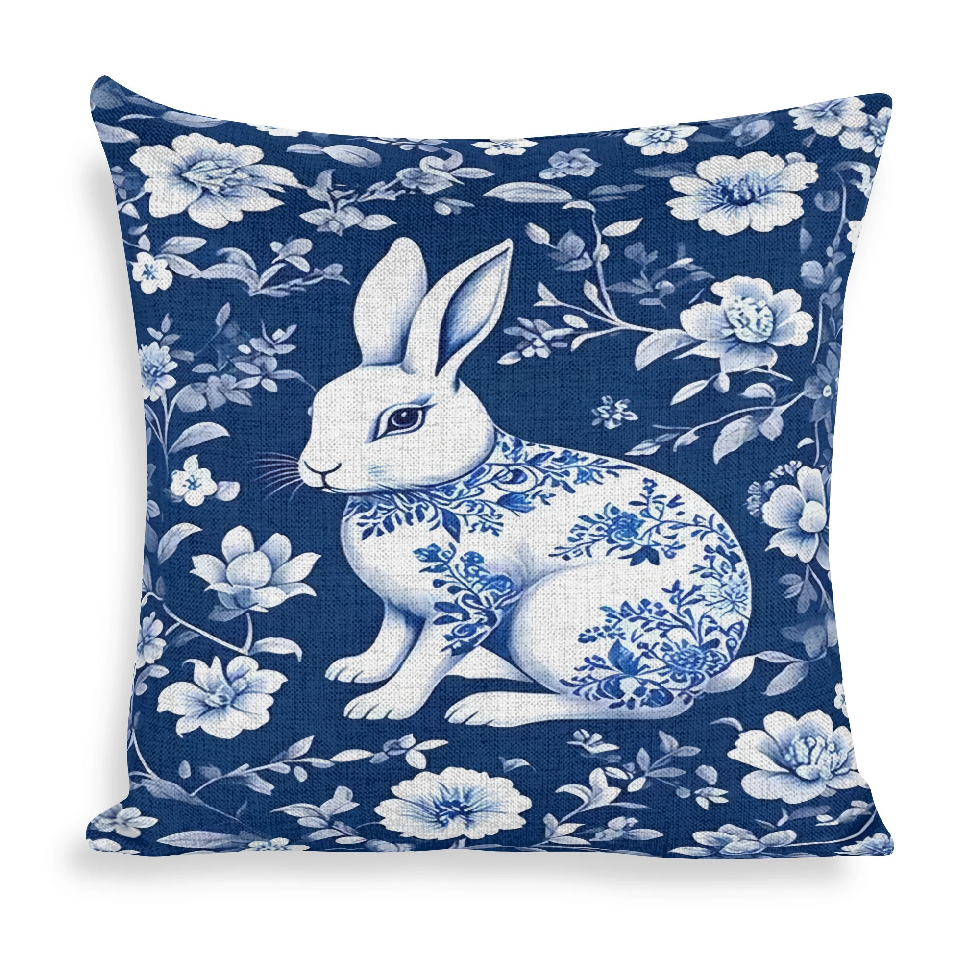 

1pc Contemporary Style Easter Bunny Pillow Cover, 18x18 Inch, Blue And White Porcelain Pattern, , Hand Wash Only, Zipper Closure, Woven Polyester, For Room Types