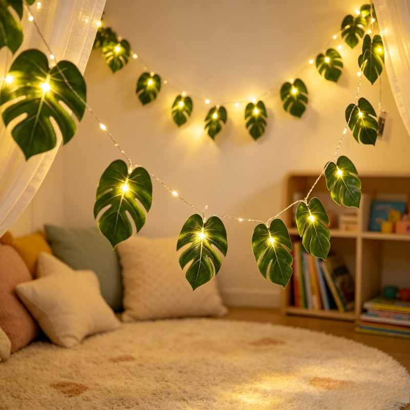 TEMU 1pc - Monstera Leaf String Lights / 20 Leds 20 Leaves / Green Leaves Fairy Lights Battery Operated Tropical Plant Garland Light For Garden