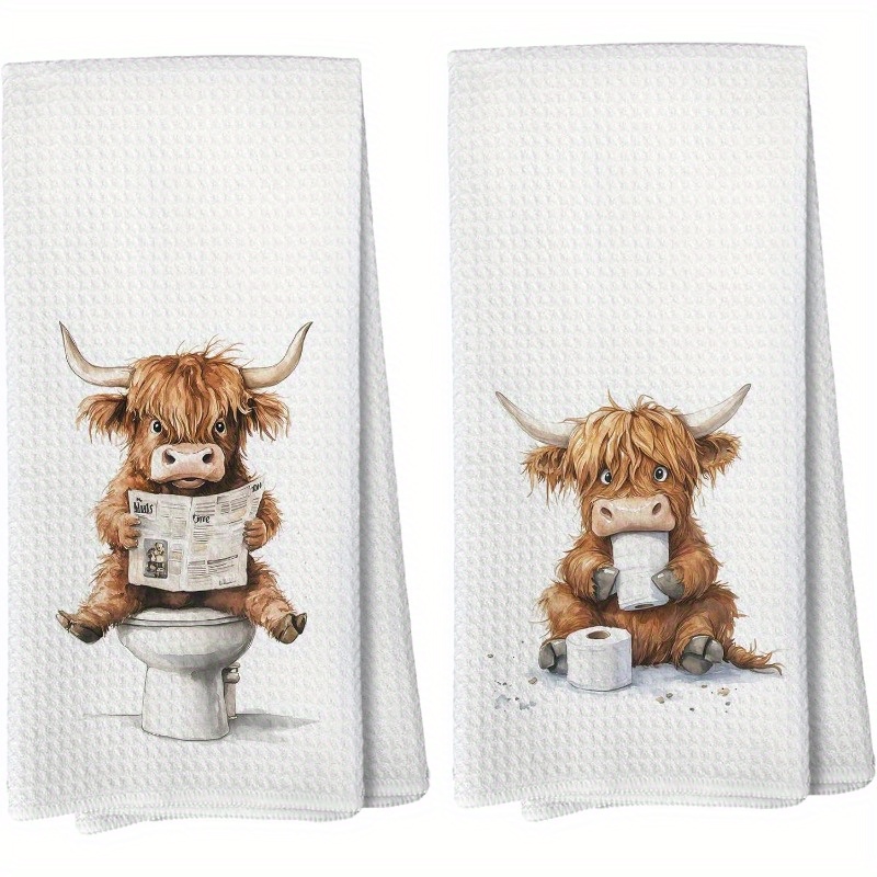TEMU 2pcs 18&times;26 Inch Highland Cow Bathroom Hand Towels, Gifts For Women Dish And Decorations Rustic Farmhouse Cows Kitchen &amp; Bath Room