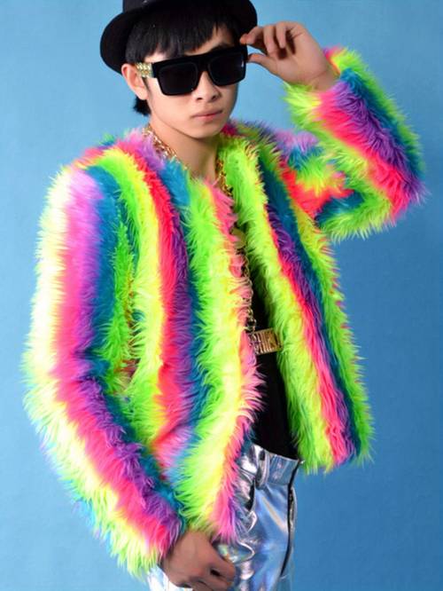 mens colorful fur coat rainbow gradient loose fit jacket with round neck machine washable casual outerwear for parties statement piece fabric party stylish layering durable material trendy coat styleconscious men