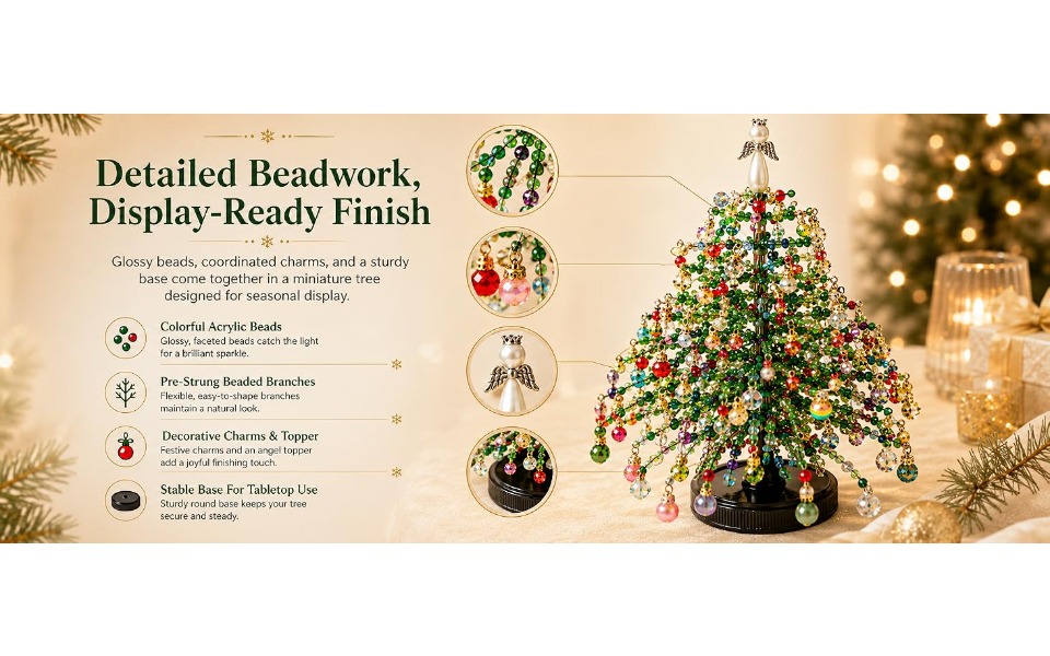 beaded mini christmas tree making kit handcrafted tabletop xmas tree decor with multicolor   ornament pendants wire additions   2pcs christmas greeting cards   gift for   christmas new year present Product details 10