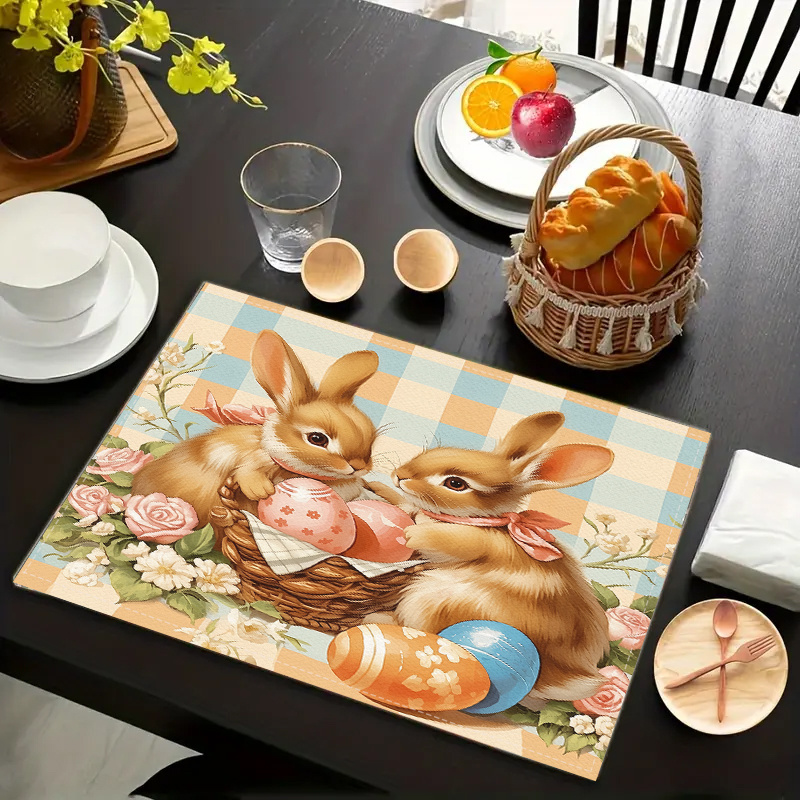 

4/6/8pcs Easter Bunny And Egg Print Placemats Set, 100% Linen Rectangular Table Mats, Hand Washable, Wipeable, Non-slip, Heat Resistant, Wedding Party Decor And Home Cleaning Accessories