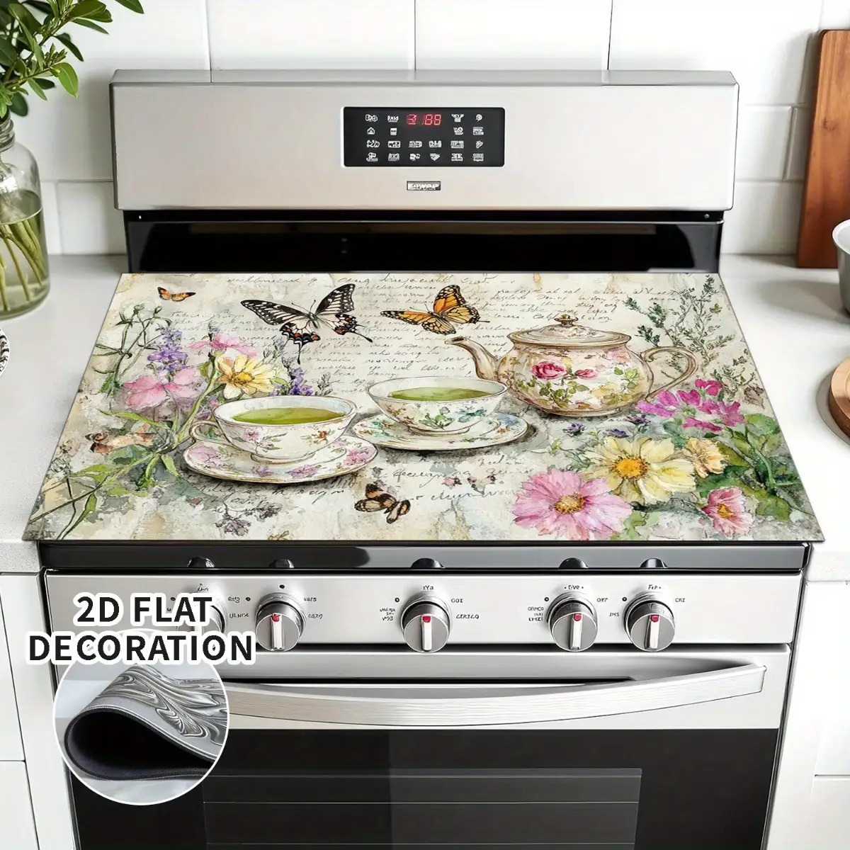 TEMU 1 kit de couverture décorative à impression 2D pour remplacement de cuisinière intégrée, couverture de protection pour cuisinière, peut de
