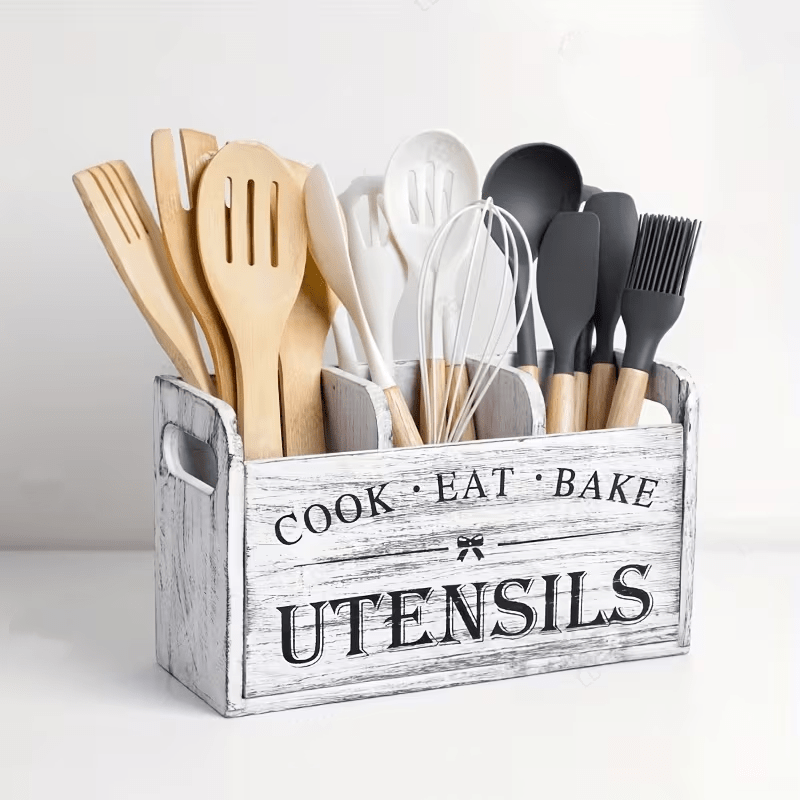 TEMU Ldq 3-compartment Extra Large Rustic Wooden Utensil Organizer, Storage Boxes, Countertop & Wall-mounted Organizer For Cooking/baking Tools,
