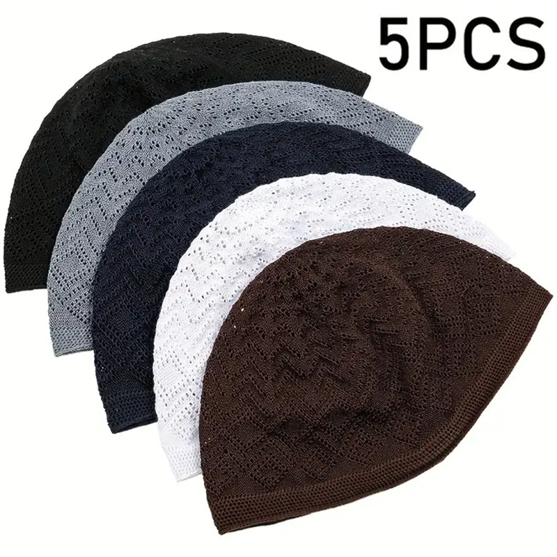 5pcs/set Men's Ted Breathable Kufi Cap Middle Eastern Hat Arab Traditional Headwear Celebration Hat Adjustable Closure