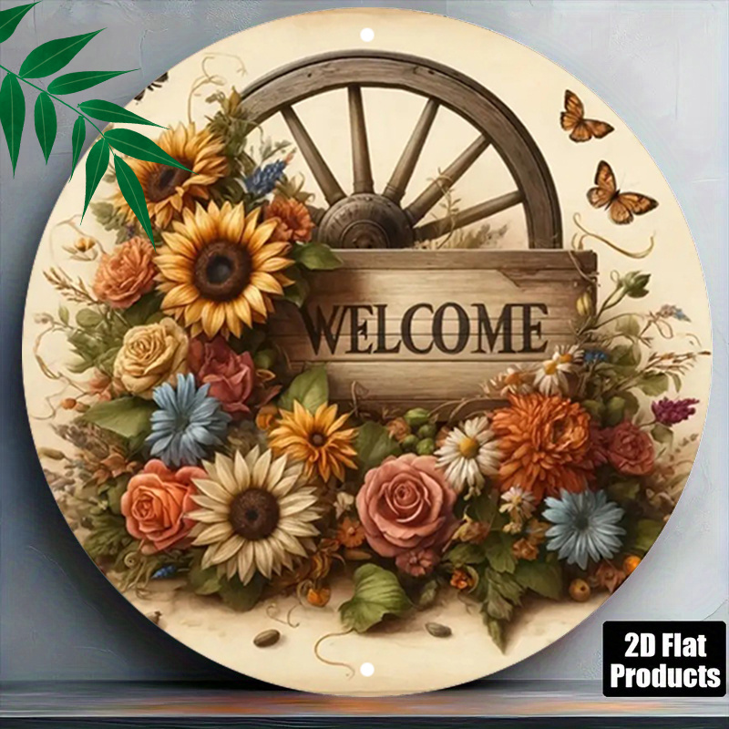TEMU 2d Flat, 1pc Rustic Round Wall Decor Plaque - Retro Farmhouse Sign With Floral & , Suitable For Homes, Cafes, Doors, Bars, Garages, Holiday