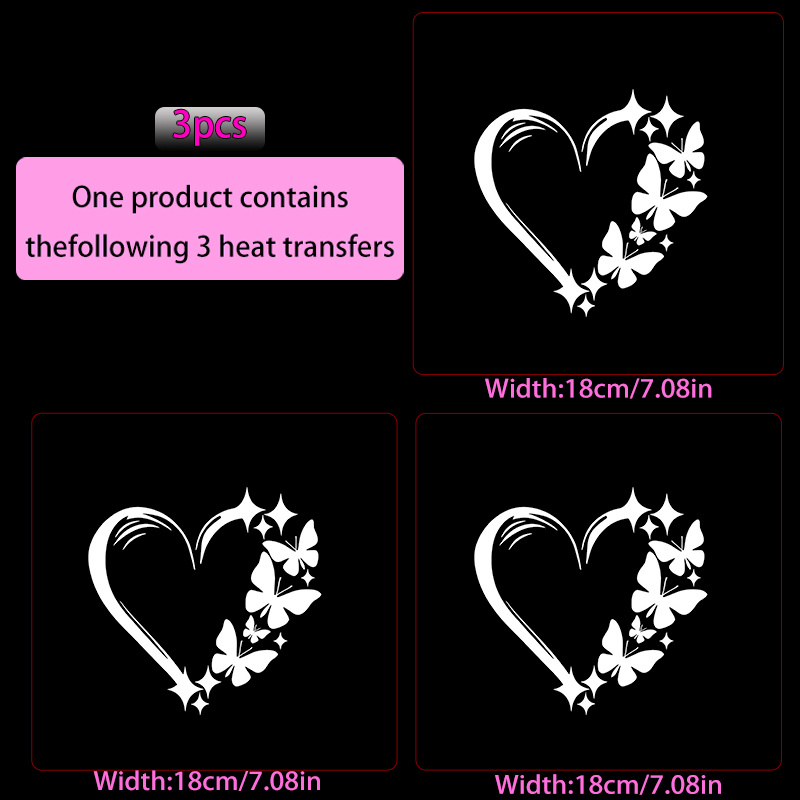 TEMU 3pcs Set, And Heart Pattern Heat Transfer Stickers, Diy Iron-on Decals, Durable Plastic Material, Suitable For T-shirt Making, Pillow Decoration